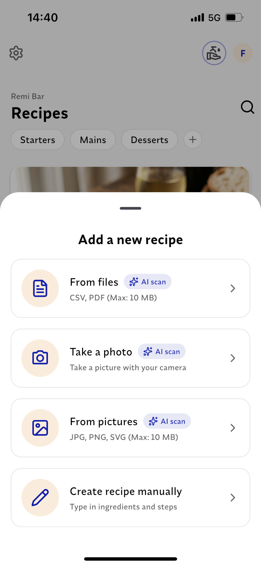 Upload and scan recipe screen